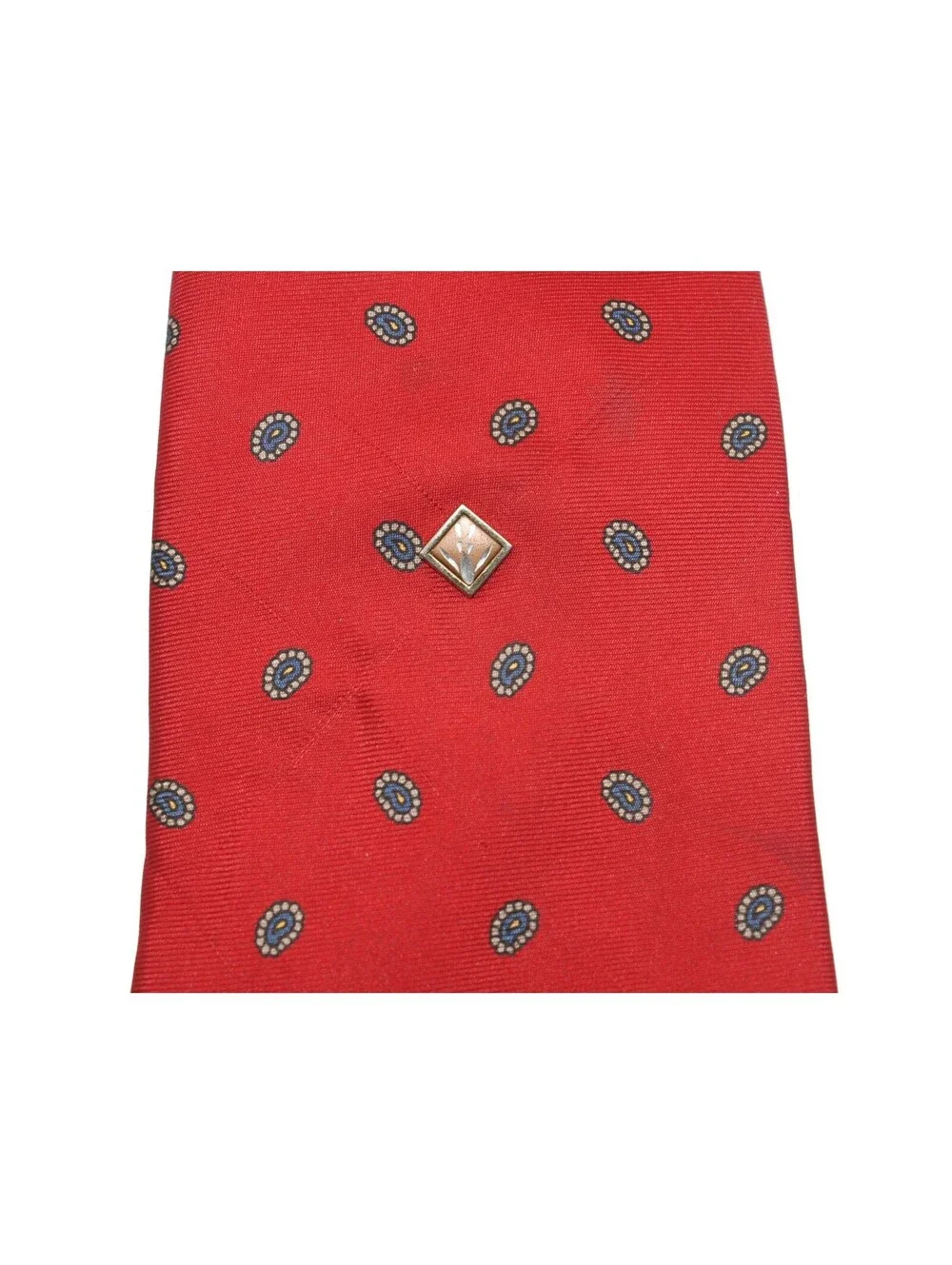 Vintage Gold Tone & Red Enamel Diamond Shape Floral Design Tie Tack with Chain.